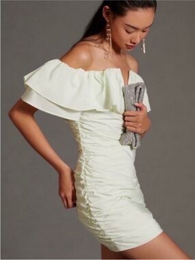 Maeve One-Shoulder Ruffle Ruched Mini Dress in Pale Green